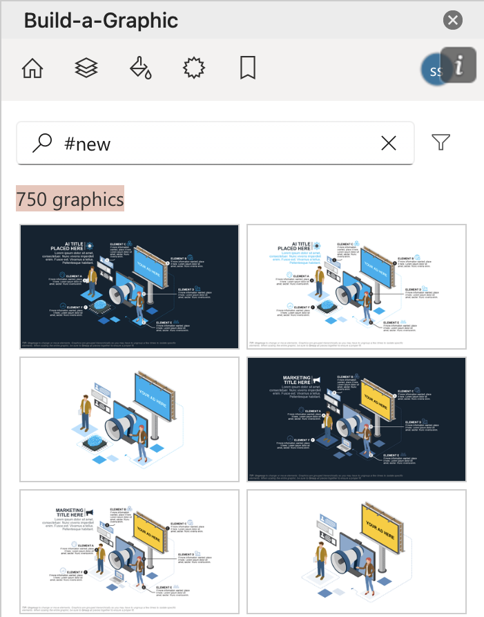 Screenshot of Build-a-Graphic add-in pane showing some new graphics uploaded.